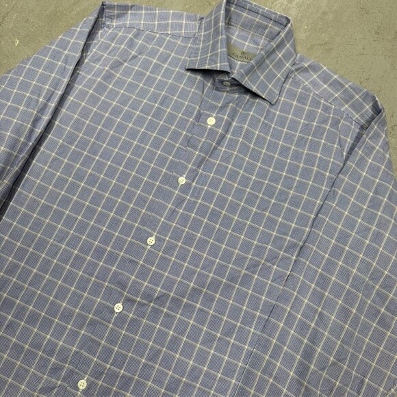 Canali Dress Shirt Current Check Houndstooth Italy Cotton Blue 14 1/2 Small - Picture 3 of 9